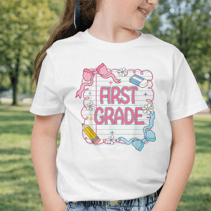 First Grade Back To School Girls Kids Coquette Bows Retro Graphic Toddler T-Shirt