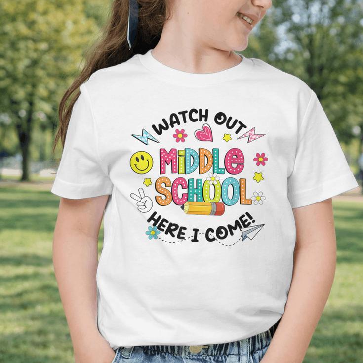 Groovy Watch Out Middle School Here I Come Back To School Graphic Toddler T-Shirt