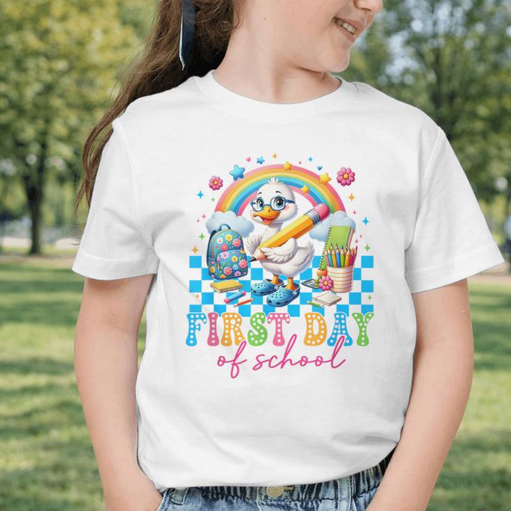 Happy First Day Of School Goose Cute Duck Back To School Graphic Toddler T-Shirt Happy First Day Of School Goose Cute Duck Back To School Graphic Toddler T-Shirt