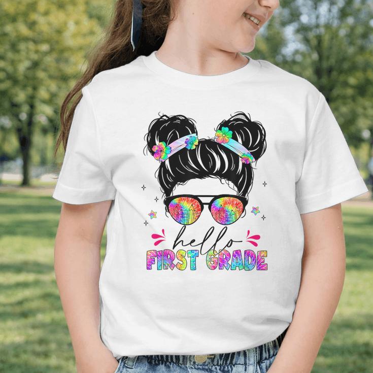 Hello First Grade Shirt Messy Bun Tie Dye Back To School Graphic Toddler T-Shirt Hello First Grade Shirt Messy Bun Tie Dye Back To School Graphic Toddler T-Shirt