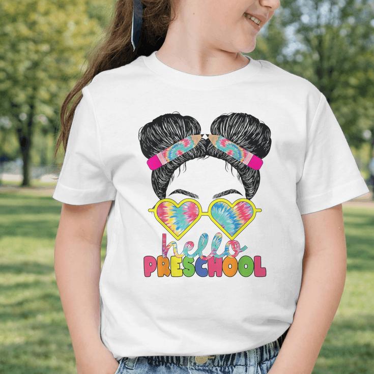 Hello Preschool Messy Bun Tie Dye Back To School Girls Kids Graphic Toddler T-Shirt Hello Preschool Messy Bun Tie Dye Back To School Girls Kids Graphic Toddler T-Shirt