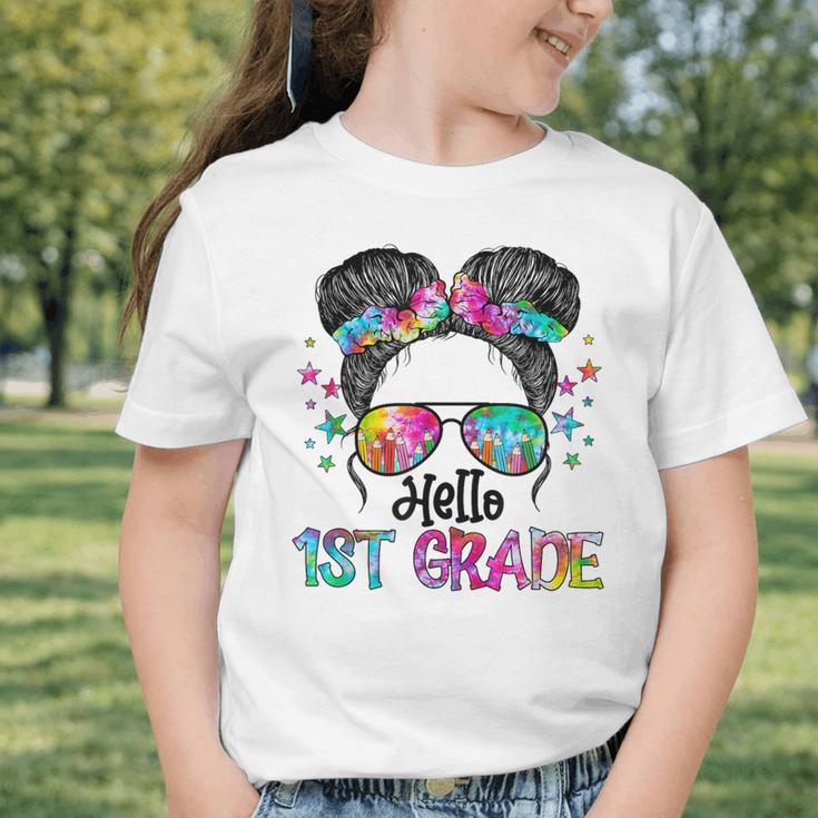 Messy Hair Bun Girl Back To School First Day Hello 1st Grade Graphic Toddler T-Shirt
