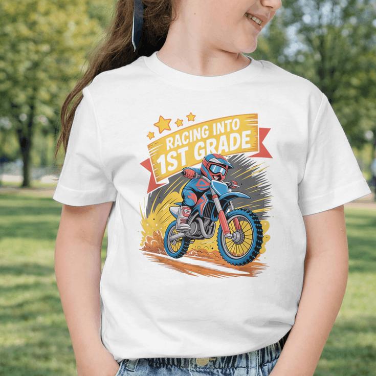 Motocross Dirt Bike Back To School Racing Into 1st Grade Graphic Toddler T-Shirt Motocross Dirt Bike Back To School Racing Into 1st Grade Graphic Toddler T-Shirt