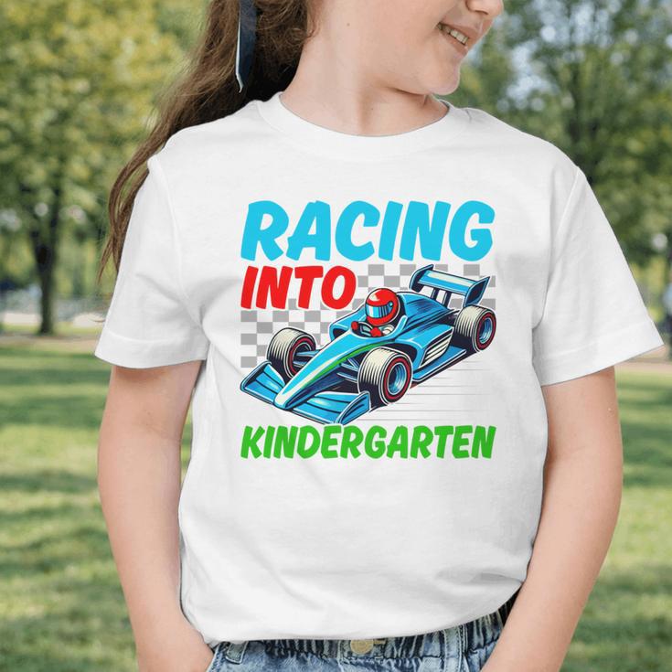 Racing Into Kindergarten Race Car Driver Back To School Performance Graphic Toddler T-Shirt