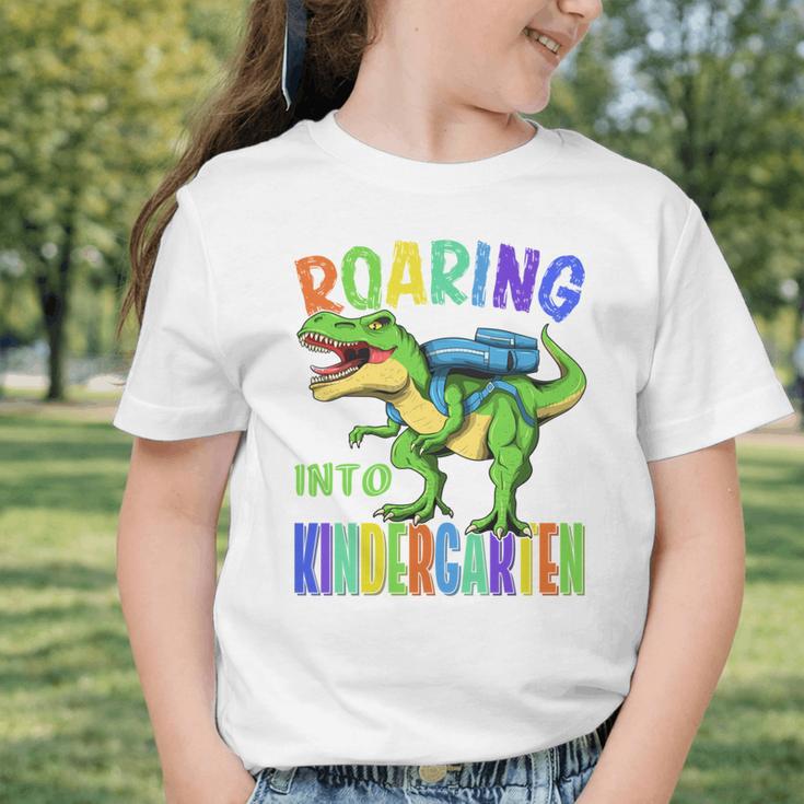 Roaring Into Kindergarten DinosaurRex Back To School Boys Performance Graphic Toddler T-Shirt