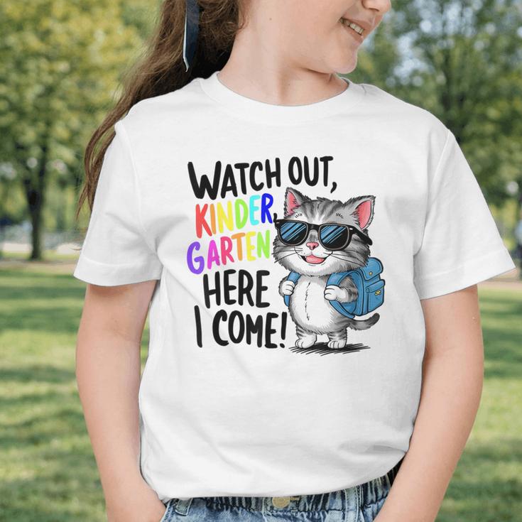 Watch Out Kindergarten Here I Come Cute Cat Back To School Graphic Toddler T-Shirt Watch Out Kindergarten Here I Come Cute Cat Back To School Graphic Toddler T-Shirt
