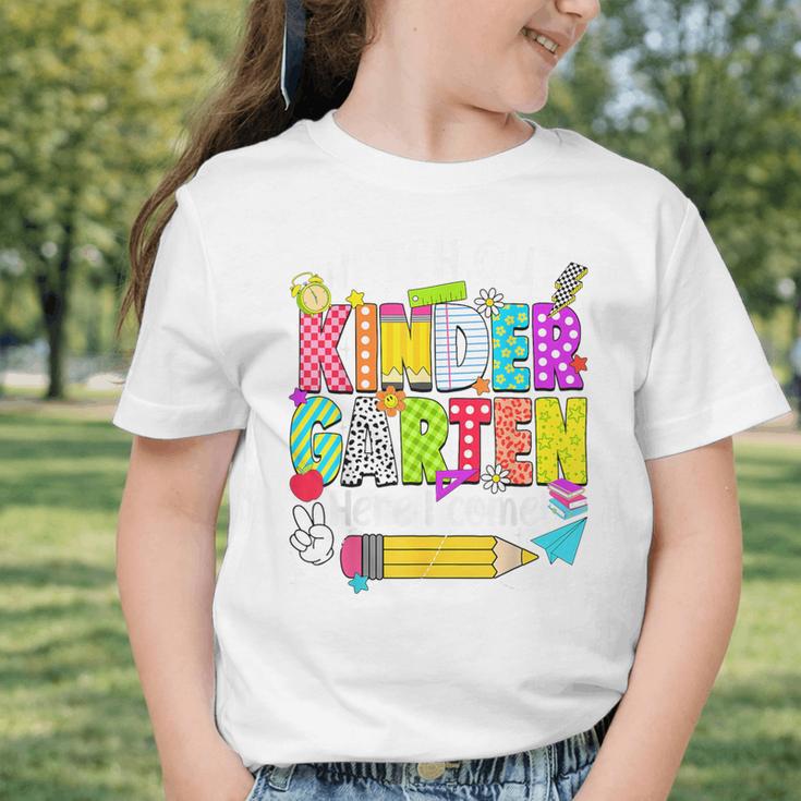 Watch Out Kindergarten Here I Come Kinder Back To School Graphic Toddler T-Shirt Watch Out Kindergarten Here I Come Kinder Back To School Graphic Toddler T-Shirt