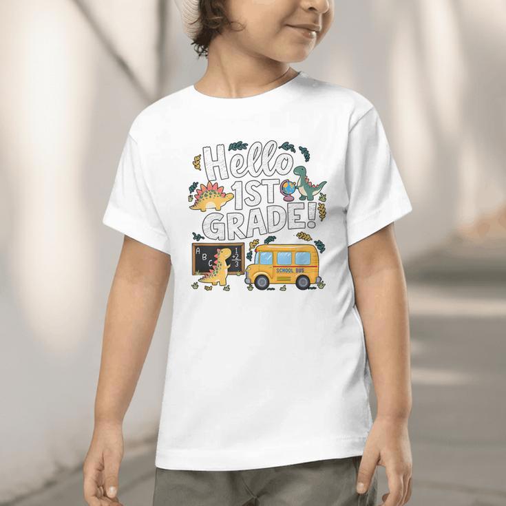 Cute Hello 1st Grade Dinosaur School Back To School Dino Bus Graphic Toddler T-Shirt Cute Hello 1st Grade Dinosaur School Back To School Dino Bus Graphic Toddler T-Shirt