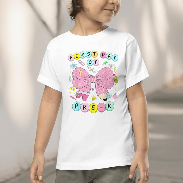 First Day Of Pre-K Girls Coquette Bow Back To School Kids Graphic Toddler T-Shirt First Day Of Pre-K Girls Coquette Bow Back To School Kids Graphic Toddler T-Shirt