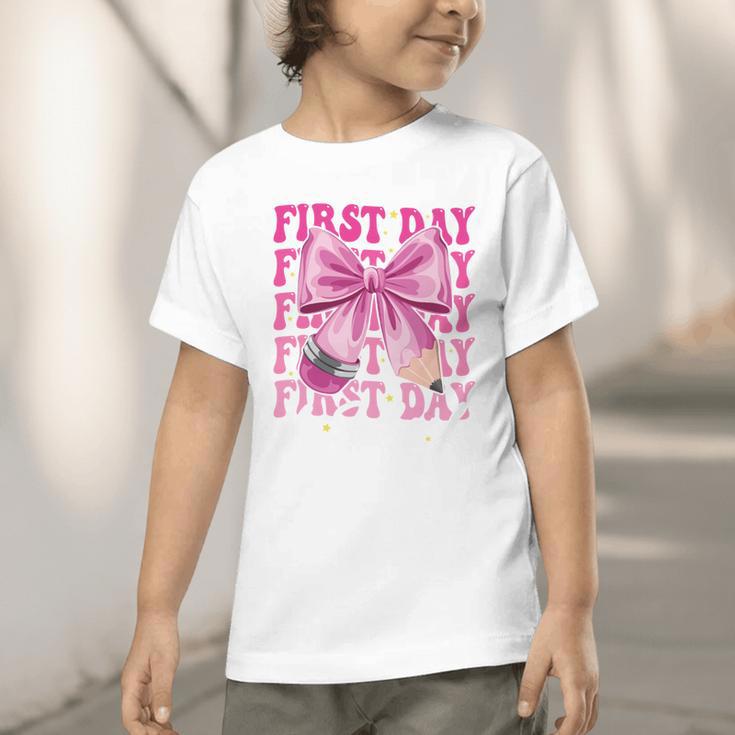 First Day Of School Girls Coquette Bow Back To School Performance Graphic Toddler T-Shirt First Day Of School Girls Coquette Bow Back To School Performance Graphic Toddler T-Shirt
