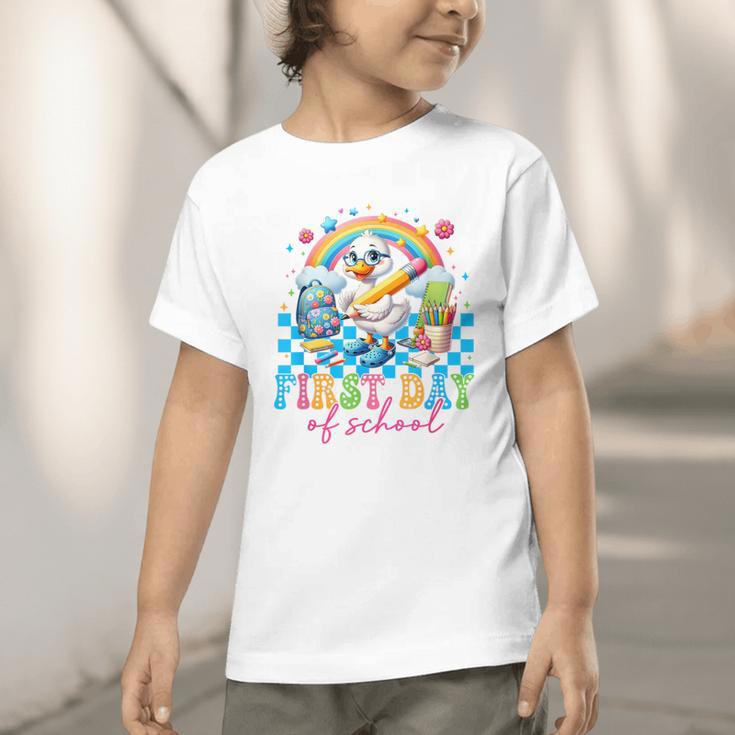 Happy First Day Of School Goose Cute Duck Back To School Graphic Toddler T-Shirt Happy First Day Of School Goose Cute Duck Back To School Graphic Toddler T-Shirt