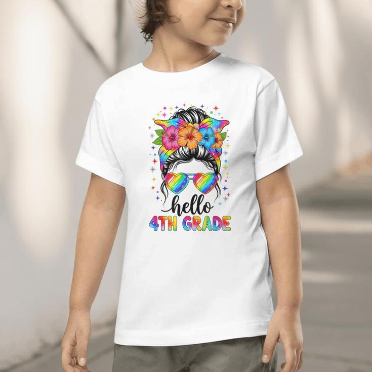 Hello 4th Grade Messy Bun Girls Back To School First Day Graphic Toddler T-Shirt Hello 4th Grade Messy Bun Girls Back To School First Day Graphic Toddler T-Shirt