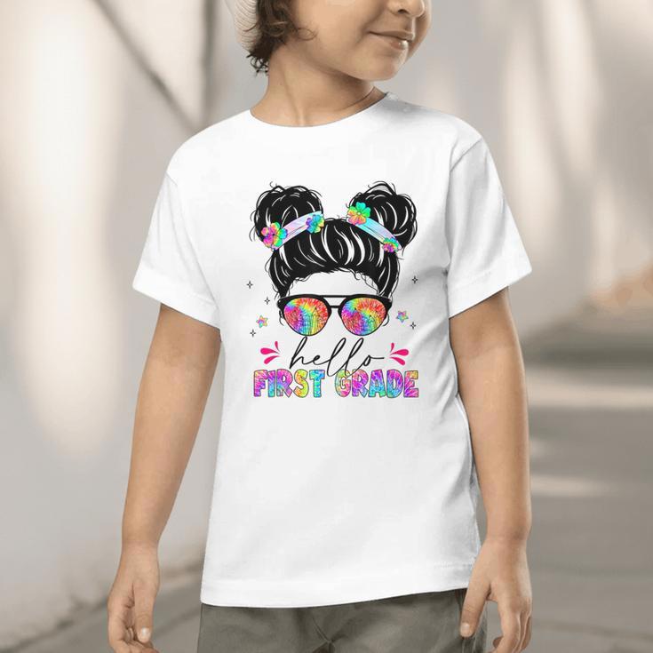 Hello First Grade Shirt Messy Bun Tie Dye Back To School Graphic Toddler T-Shirt Hello First Grade Shirt Messy Bun Tie Dye Back To School Graphic Toddler T-Shirt