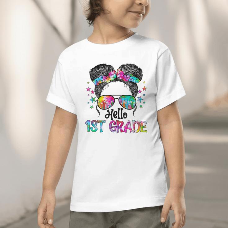 Messy Hair Bun Girl Back To School First Day Hello 1st Grade Graphic Toddler T-Shirt