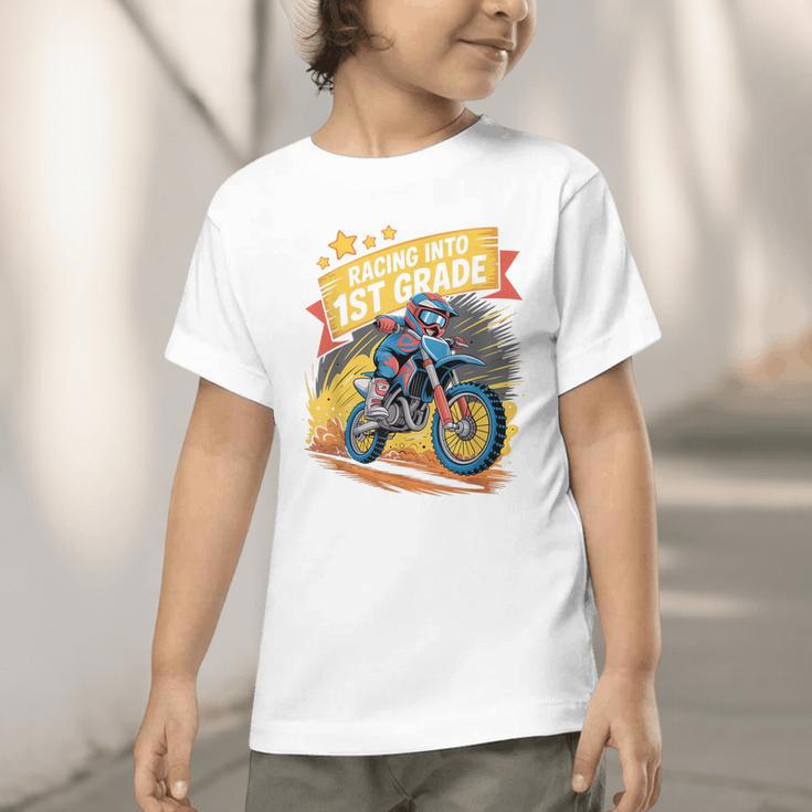 Motocross Dirt Bike Back To School Racing Into 1st Grade Graphic Toddler T-Shirt Motocross Dirt Bike Back To School Racing Into 1st Grade Graphic Toddler T-Shirt