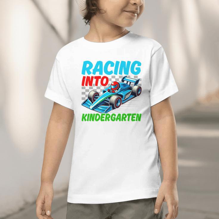 Racing Into Kindergarten Race Car Driver Back To School Performance Graphic Toddler T-Shirt