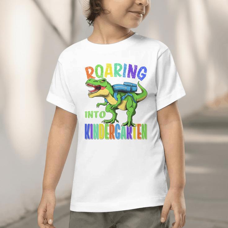 Roaring Into Kindergarten DinosaurRex Back To School Boys Performance Graphic Toddler T-Shirt