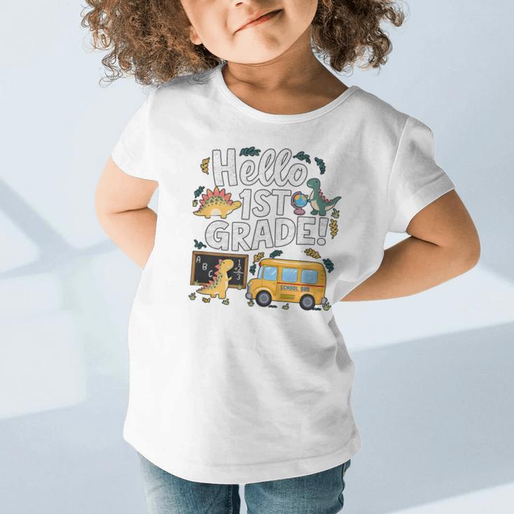 Cute Hello 1st Grade Dinosaur School Back To School Dino Bus Graphic Toddler T-Shirt Cute Hello 1st Grade Dinosaur School Back To School Dino Bus Graphic Toddler T-Shirt