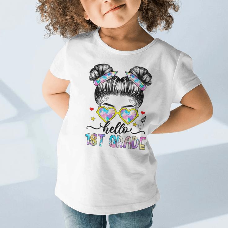 Hello 1st Grade Messy Bun Girl Back To School First Day Graphic Toddler T-Shirt