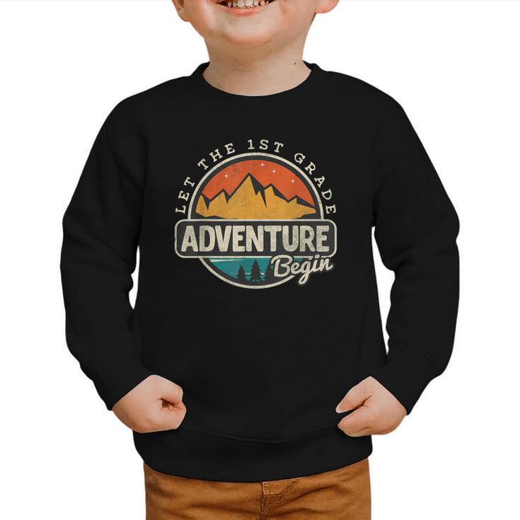 1st First Grade Shirt Adventure Begin Back To School Graphic Toddler Sweatshirt
