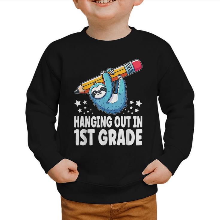 Back To School First Grade Sloth Hanging Out In 1st Grade Graphic Toddler Sweatshirt
