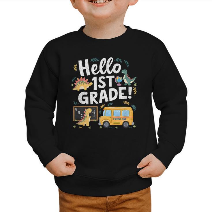 Cute Hello 1st Grade Dinosaur School Back To School Dino Bus Graphic Toddler Sweatshirt