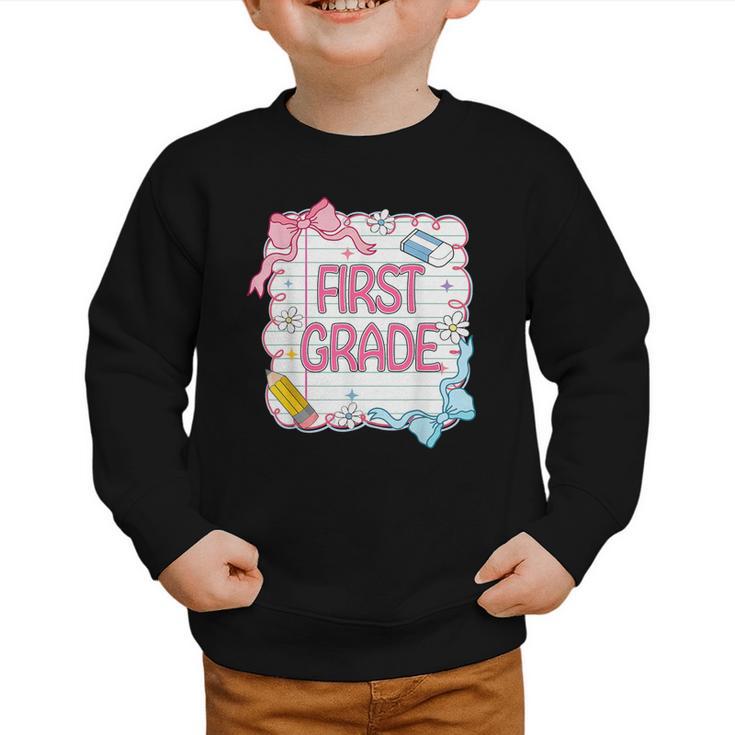 First Grade Back To School Girls Kids Coquette Bows Retro Graphic Toddler Sweatshirt