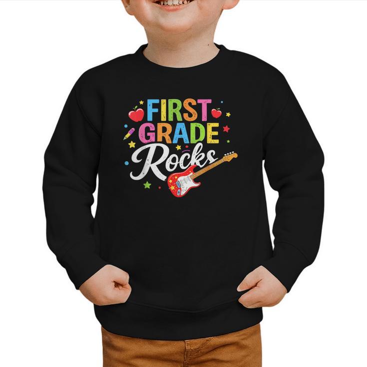 First Grade Rocks Colorful Back To School Guitar Graphic Toddler Sweatshirt