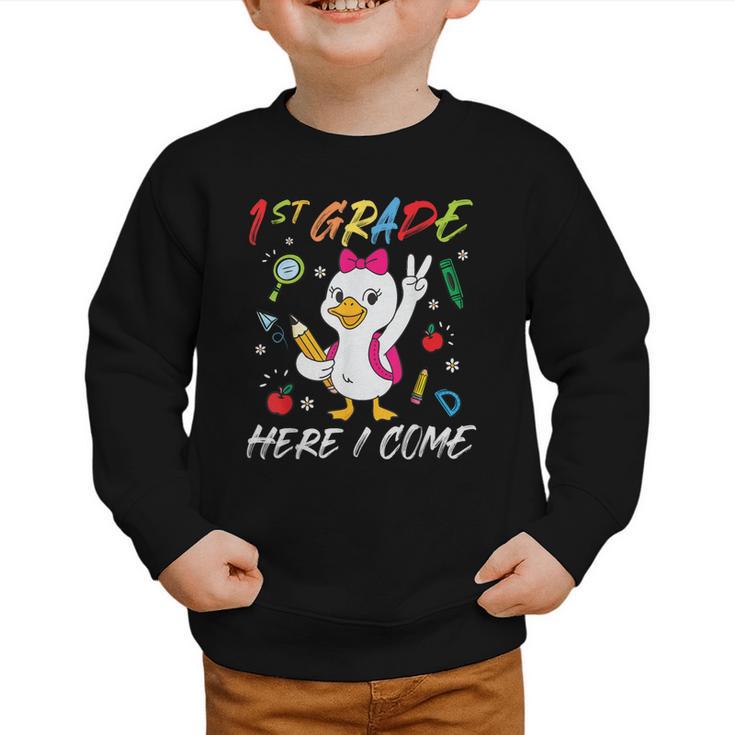 Girls Goose 1st Grade Here I Come Back To School Kids Graphic Toddler Sweatshirt
