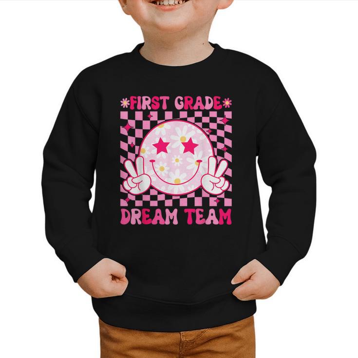 Groovy First Grade Dream Team Back To School 1st Grade Squad Graphic Toddler Sweatshirt