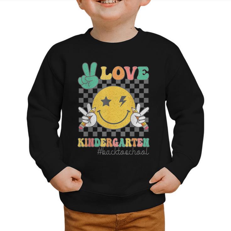 Peace Love Kindergarten Smile Face Hippie Back To School Graphic Toddler Sweatshirt