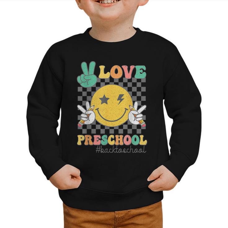 Peace Love Preschool Smile Face Back To School PRESCHOOL Graphic Toddler Sweatshirt
