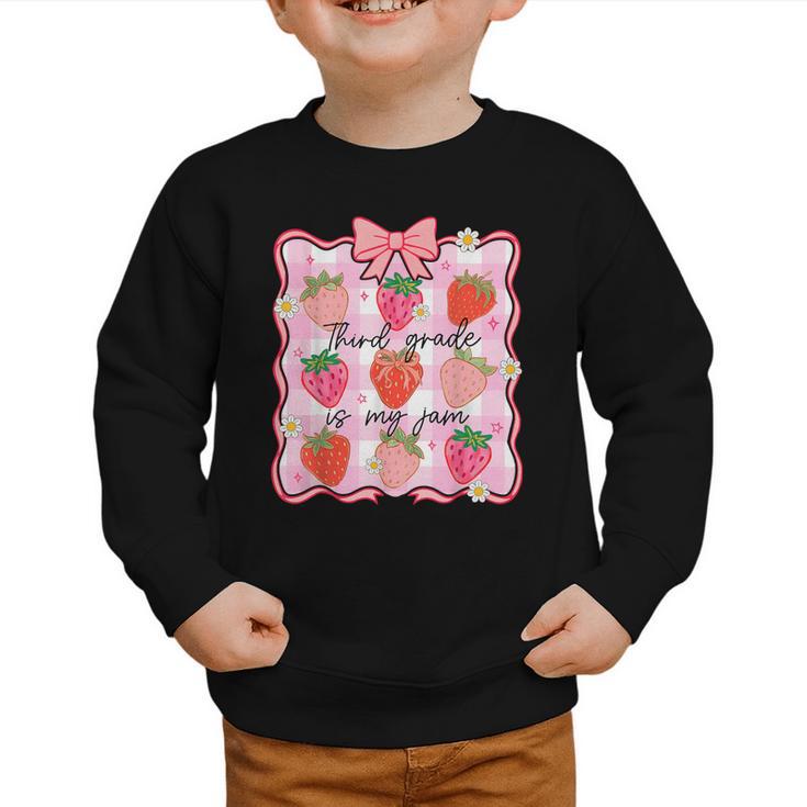 Preppy Back To School 3rd Grade Is My Jam Strawberry Bow Graphic Toddler Sweatshirt