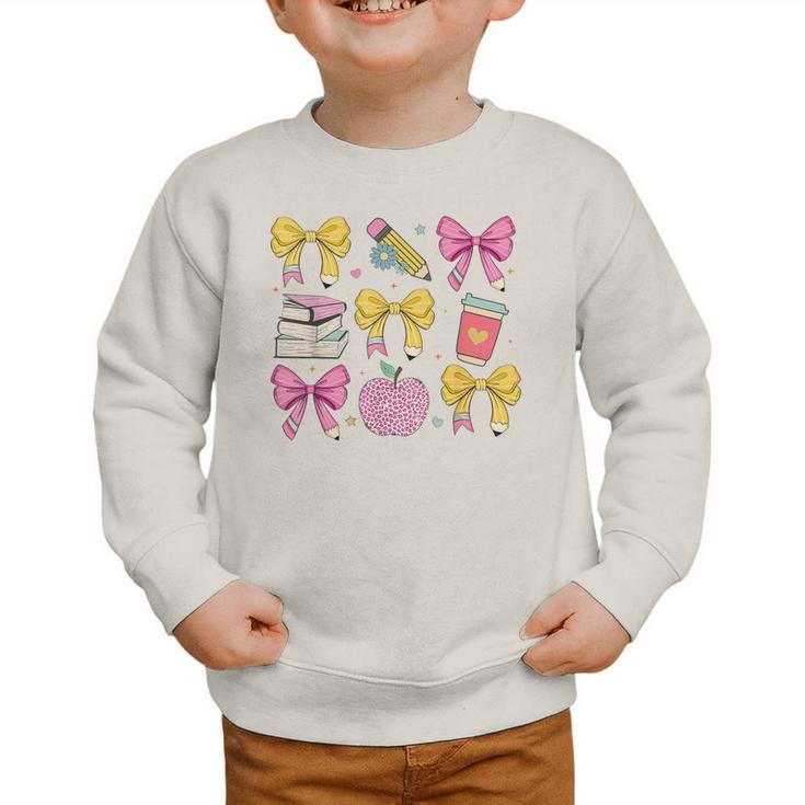 Apple Coquette Bow Books First Day Of School Back To School Graphic Toddler Sweatshirt Apple Coquette Bow Books First Day Of School Back To School Graphic Toddler Sweatshirt