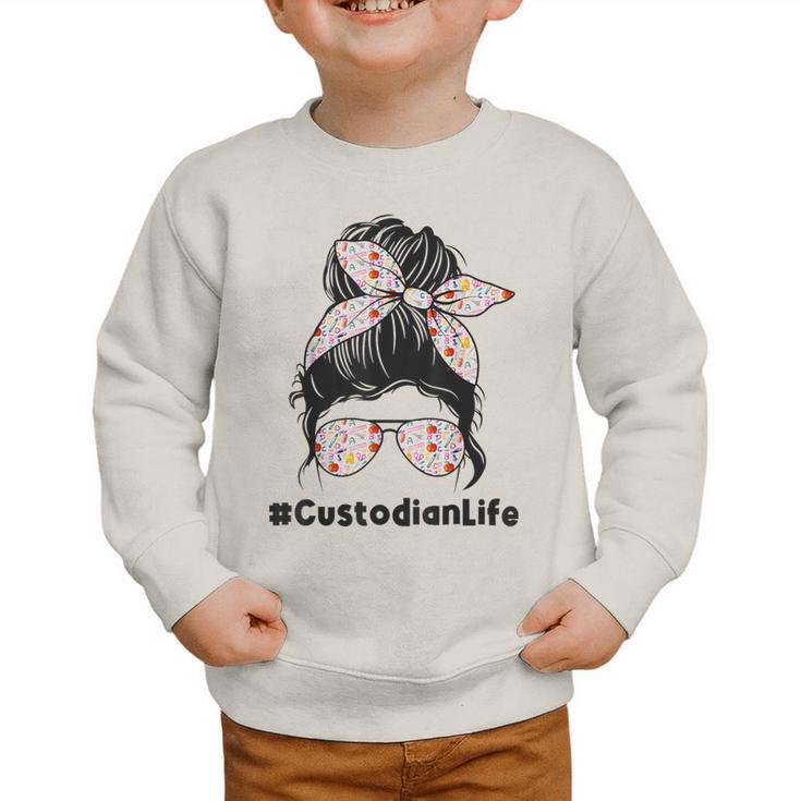 Custodian Life Messy Bun Hair Glasses Leopard Back To School Graphic Toddler Sweatshirt