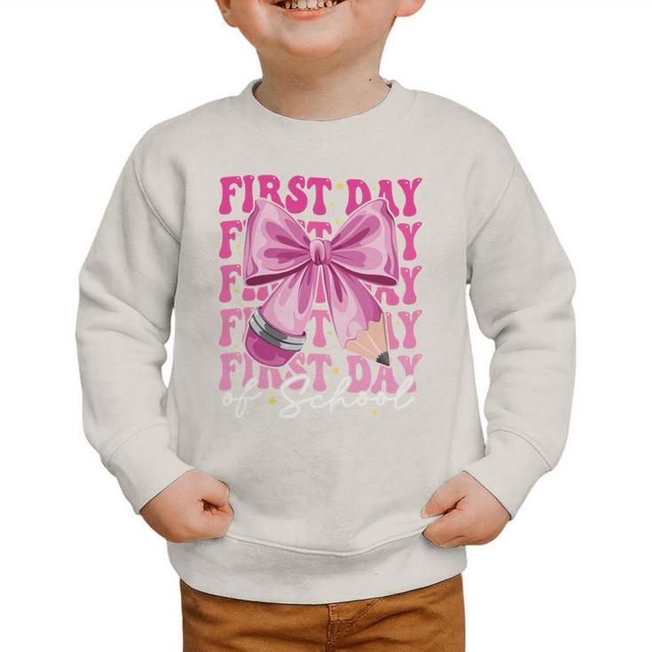 First Day Of School Girls Coquette Bow Back To School Performance Graphic Toddler Sweatshirt First Day Of School Girls Coquette Bow Back To School Performance Graphic Toddler Sweatshirt