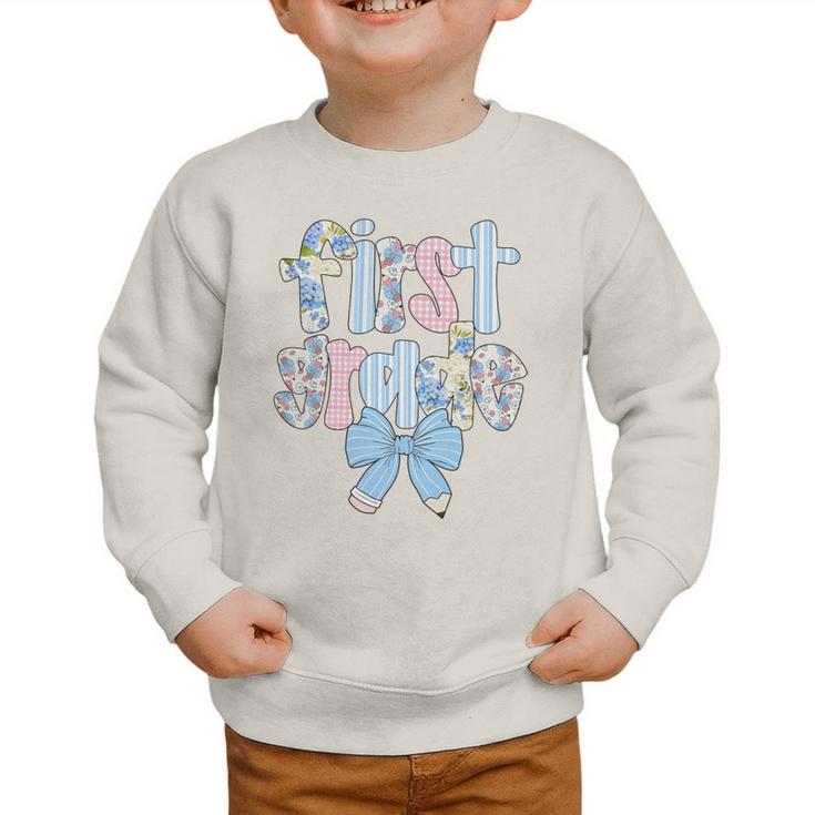 First Grade Coquette Bow Pencil First Day Back To School Performance Graphic Toddler Sweatshirt First Grade Coquette Bow Pencil First Day Back To School Performance Graphic Toddler Sweatshirt