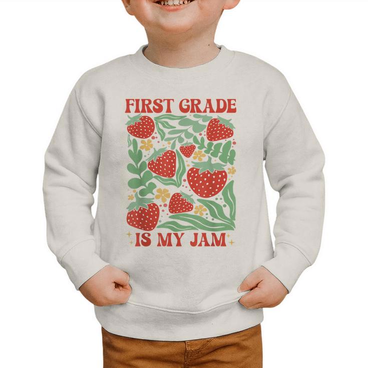 First Grade Is My Jam Boho Floral Strawberry Back To School Graphic Toddler Sweatshirt First Grade Is My Jam Boho Floral Strawberry Back To School Graphic Toddler Sweatshirt