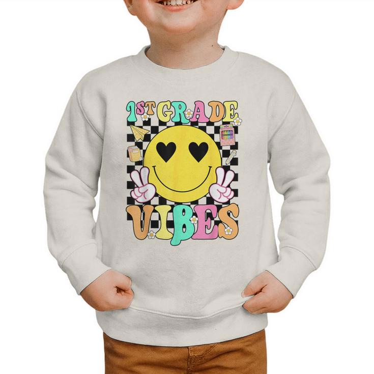 Girls 1st Grade Vibes Smile Face Back To School First Grade Graphic Toddler Sweatshirt Girls 1st Grade Vibes Smile Face Back To School First Grade Graphic Toddler Sweatshirt