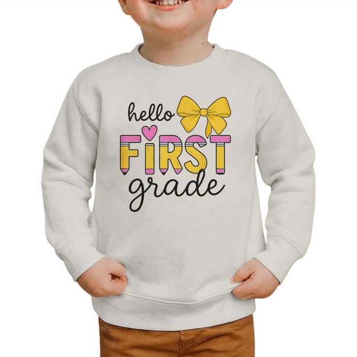 Hello First Grade For Girls Boys Cute Back To School Pencil Graphic Toddler Sweatshirt Hello First Grade For Girls Boys Cute Back To School Pencil Graphic Toddler Sweatshirt