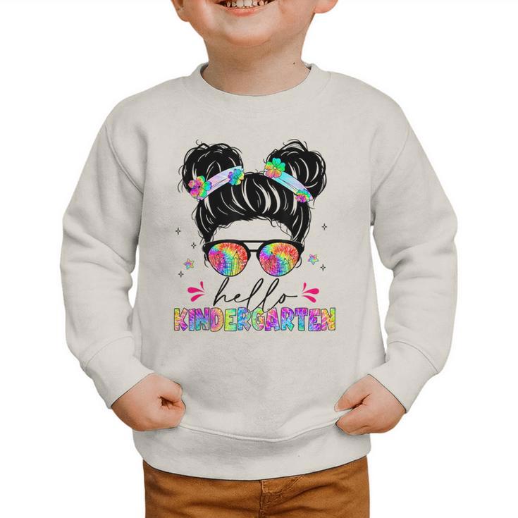 Hello Kindergarten Shirt Messy Bun Tie Dye Back To School Graphic Toddler Sweatshirt Hello Kindergarten Shirt Messy Bun Tie Dye Back To School Graphic Toddler Sweatshirt