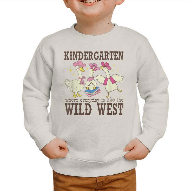 Kindergarten Wild West Goose Cowboy Goose Back To School Graphic Toddler Sweatshirt Kindergarten Wild West Goose Cowboy Goose Back To School Graphic Toddler Sweatshirt