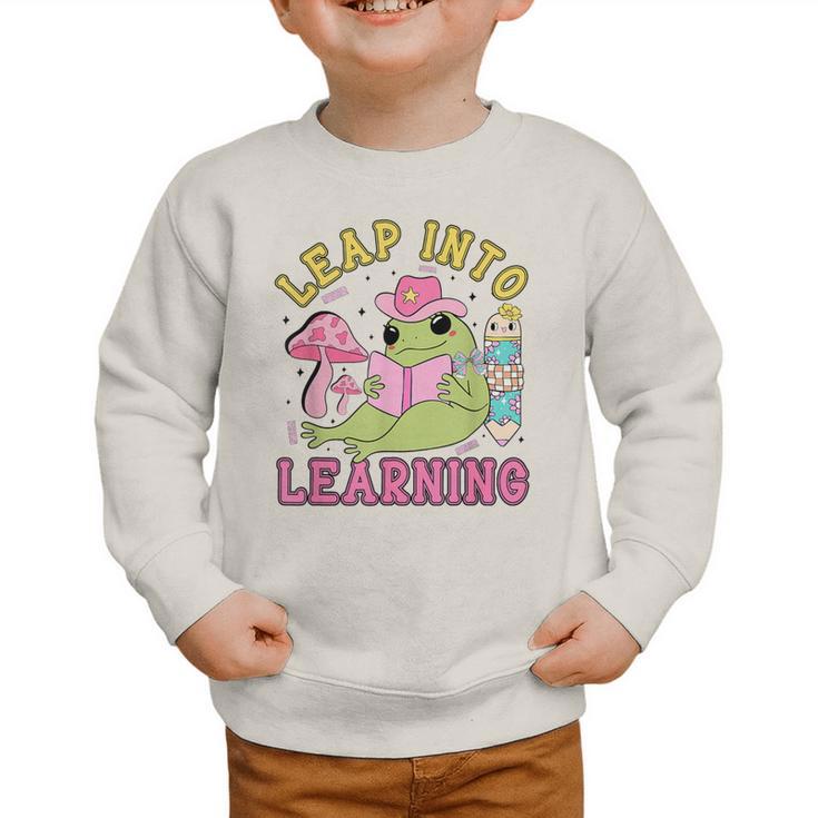Leap Into Learning Cute Frog Kawaii Back To School Kids Graphic Toddler Sweatshirt Leap Into Learning Cute Frog Kawaii Back To School Kids Graphic Toddler Sweatshirt