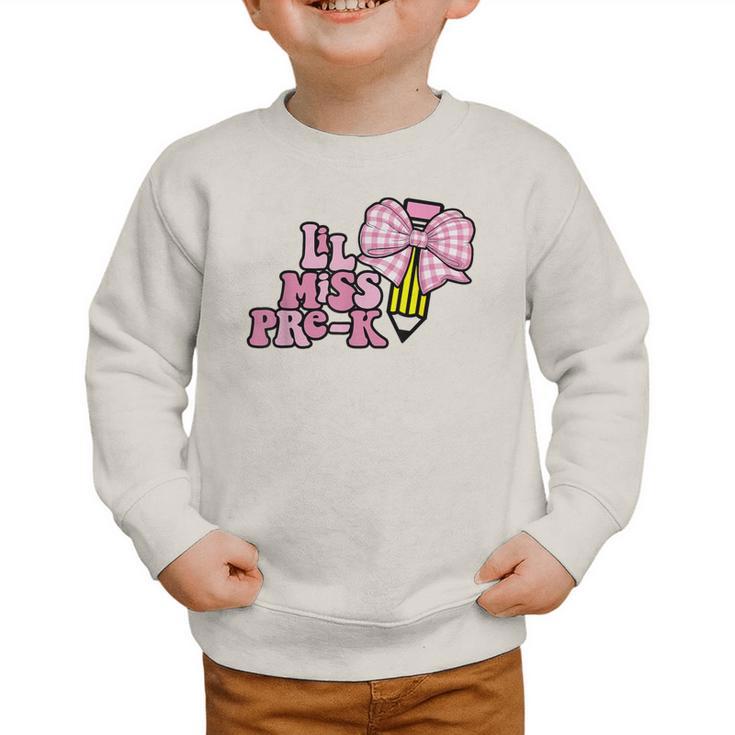 LiL Miss Pre-K Back To School Girls Coquette Bow First Day Graphic Toddler Sweatshirt LiL Miss Pre-K Back To School Girls Coquette Bow First Day Graphic Toddler Sweatshirt