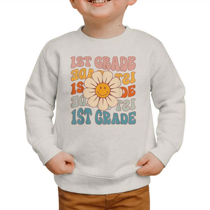 Retro 1st Grade Daisy Colorful Back To School First Grade Graphic Toddler Sweatshirt