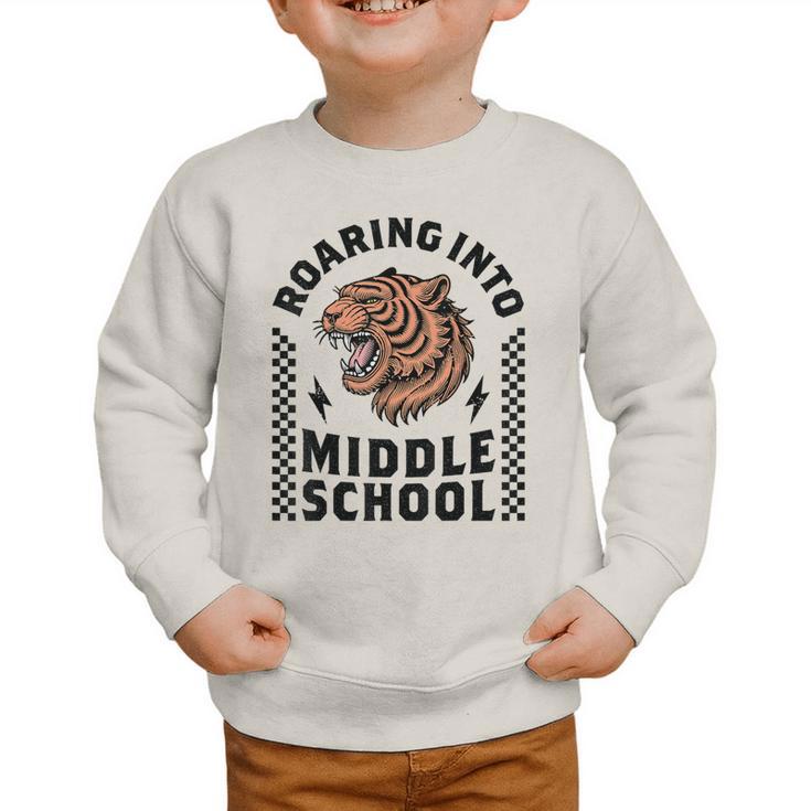 Roaring Into Middle School Tiger Back To School Boy Girl Kid Graphic Toddler Sweatshirt