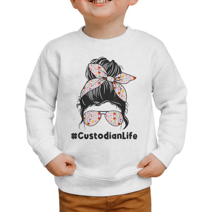 Custodian Life Messy Bun Hair Glasses Leopard Back To School Graphic Toddler Sweatshirt
