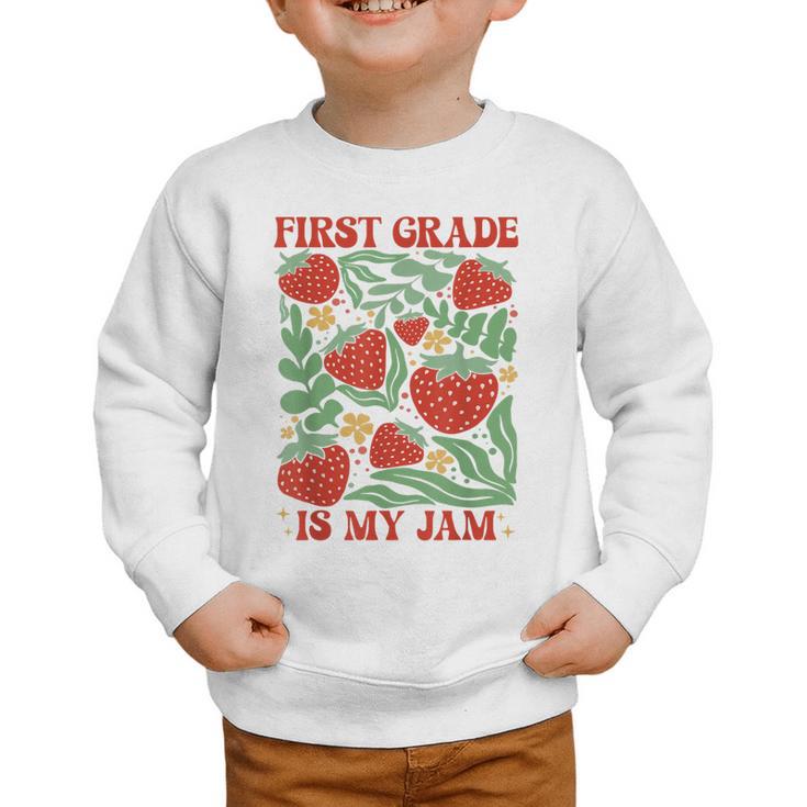 First Grade Is My Jam Boho Floral Strawberry Back To School Graphic Toddler Sweatshirt