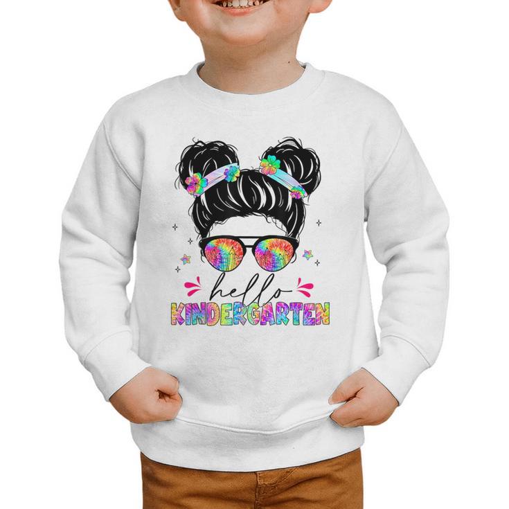 Hello Kindergarten Shirt Messy Bun Tie Dye Back To School Graphic Toddler Sweatshirt