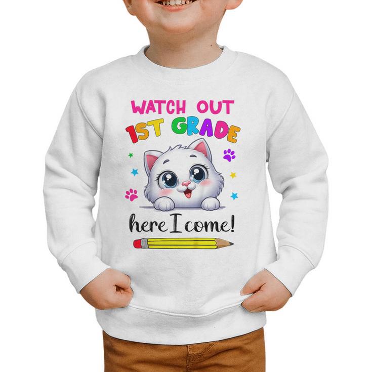 Kids Watch Out 1st Grade Here I Come Girls Cat Back To School Graphic Toddler Sweatshirt